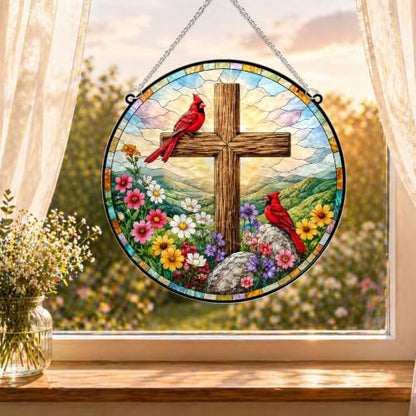 Cardinals with Jesus Cross Memorial Suncatcher, 8" Christian Stained Glass Wavy Acrylic Window Hanging, Sympathy Gift for Loss of Loved One, Mom, Dad, Grandma, Family Member, Religious Gifts for Women - color: Cardinal With Jesus Cross