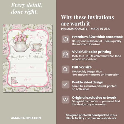 Watercolor Tea Party Theme Girls Birthday Party 20 Invitations 5x7 Fill-In Cards with Envelopes, Princess Theme Elegant Floral Design for Child Celebration, Made in USA by Amanda Creation - style: Watercolor Tea Party