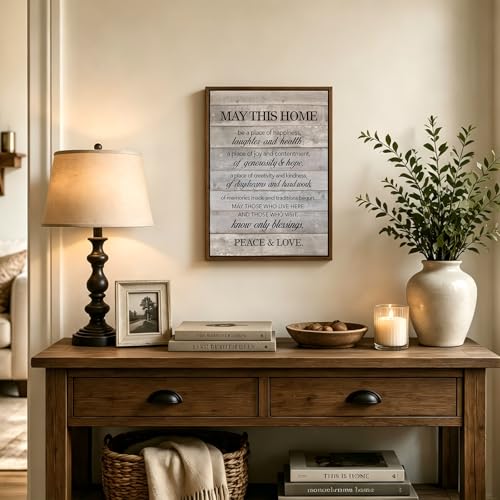 Framed Inspirational Wall Art May This Home Be a Place of Happiness Quote Wall Decor New Home Poster House Warming Gifts for Bedroom Living Room Word Artwork 12x16 Inch - size: 12"L x 16"W