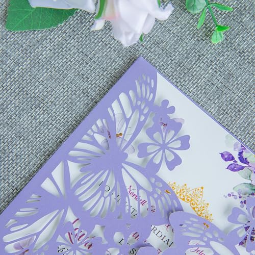 20 PCS 5.12x7.2 Butterfly Personalized Quinceanera Invitation, Customized XV Anos Laser Cut Invitation Cards with Envelopes (Violet Personalized) - color: 20 PCS Violet Personalized