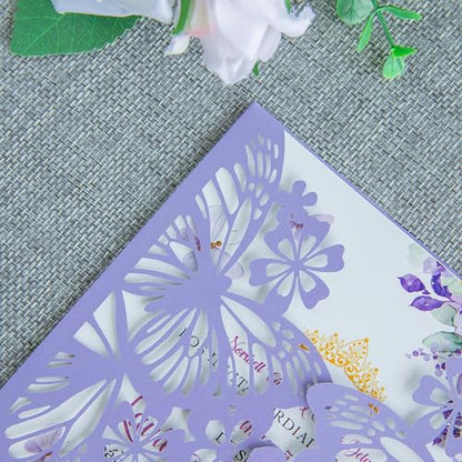 20 PCS 5.12x7.2 Butterfly Personalized Quinceanera Invitation, Customized XV Anos Laser Cut Invitation Cards with Envelopes (Violet Personalized) - color: 20 PCS Violet Personalized