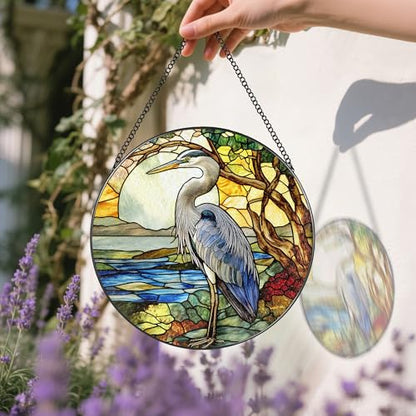 Stained Glass Window Hanging, 8 Inch Blue Heron Suncatcher Ornament, Stained Glass Suncatchers for Windows Hanging, Christmas, Mother's Day, Birthday, Bird Lover Gifts for Mom, Grandma, Women & Men - color: Heron