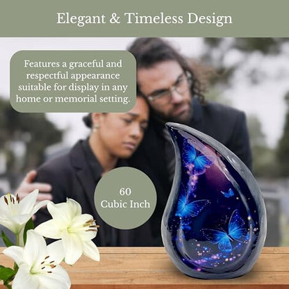 Teardrop Cremation Urn for Human Ashes, Hand Painted Blue Butterfly Galaxy Design, 6 Inch, with Velvet Bag