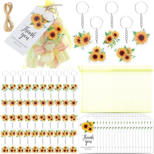 Equsion 50 Sets Sunflower Party Favors Cute Yellow Sunflower Acrylic Keychain with Organza Bags and Thank You Tags for Summer Birthday Bridal Wedding Baby Shower Bachelorette Party Supplies Gifts - style: Sunflower