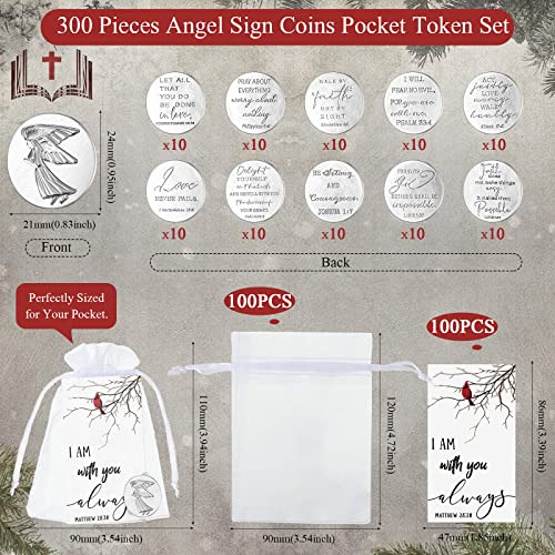 100 Sets Memorial Angel Sign Set Pocket Angel Tokens Coins Inspirational Christian Bible Verb Quotes Funeral Cardinal Sign I Am with You Always Cards White Organza Bags Guardian Gift Bag Angel Charms