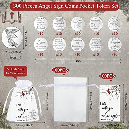 100 Sets Memorial Angel Sign Set Pocket Angel Tokens Coins Inspirational Christian Bible Verb Quotes Funeral Cardinal Sign I Am with You Always Cards White Organza Bags Guardian Gift Bag Angel Charms