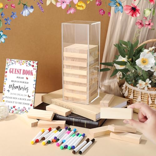 Beeveer 80 Pcs Wedding Guest Book Alternative Wooden Block Guest Book for Wedding Sign in Bridal Shower Decoration 54 Pcs Wooden Block Bridal Shower Game for Sign in, Reception(Wildflower) - style: Wildflower