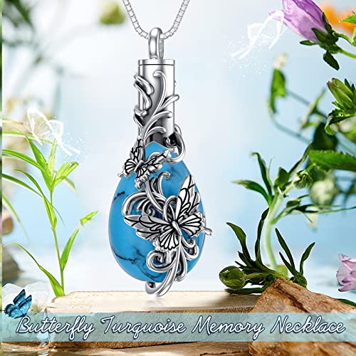 PELOVNY Urn Necklace for Ashes 925 Sterling Silver Butterfly Dragonfly Bee Phoenix Hummingbird Urn Necklaces Animal Crystal Cremation Jewelry for Ashes Cat Dog Pet Memorial Gifts - color: 02-Butterfly Turquoise Urn