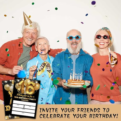 16th Birthday Invitations, Black and Gold Birthday Party Invitations, Gold Balloon Birthday Party Fill In Invitation Cards, Birthday Party Favor Supplies (20 Invites With 20 Envelopes) -16th - style: 16th
