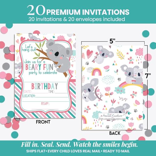 Amanda Creation Koala Birthday Invitations, 20 Pack 5x7 Fill-In Koala Party Invitations with White Envelopes, Let's Hang Out Cute Bear Birthday Cards, Made in USA - color: Let's Hang Out Cute Koala Bear