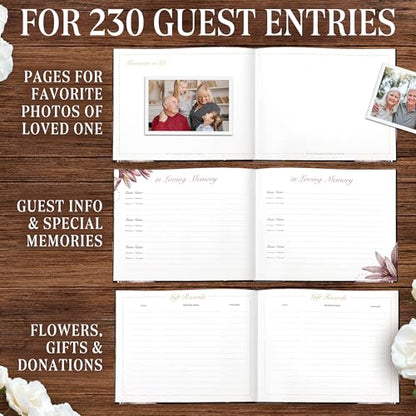 Hardcover Funeral Guest Book with Photo Slot – 9x7 Inch Memorial Sign-In Book, In Loving Memory Keepsake with Gold Stamping, 96 Pages, Ribbon Bookmark & Pen – Elegant Tribute for Celebration of Life