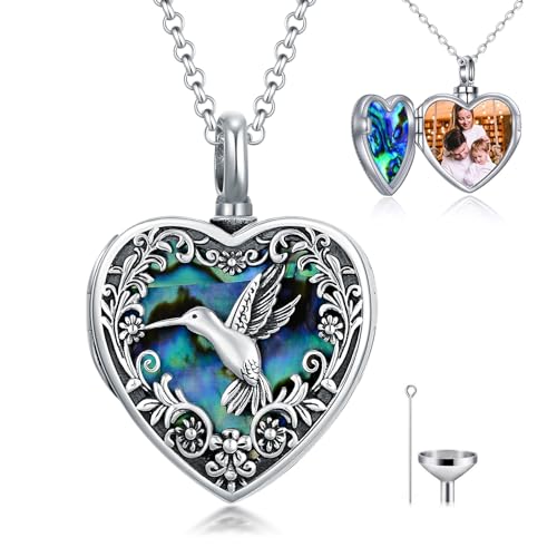 Personalized Heart Urn Locket Necklace for Ashes and Pictures 925 Sterling Silver Customized Locket Cremation Necklace for Ashes Memorial Keepsake Jewelry for Women - color: Abalone Hummingbird Urn Locket, style: No Custom
