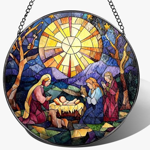8'' Nativity Stained Glass Suncatcher, Window Hanging Decor, Religious Christmas Ornament, Christian Holiday Decor, Christian Gifts, Religious Gifts, Gift for Christmas - color: Nativity-b