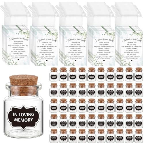 50 Set Funeral Favors for Guests, Empty Glass Bottles with Cork Stopper, Funeral Cards & Organza Bags for Memorial Gifts, Celebration of Life Favors, No Seed(White) - color: 50 White Sets