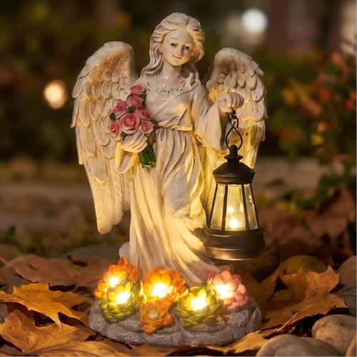 Solar Angel Statues Figurine with LED Lantern & Succulent Lights Outdoor Garden Decor, 9.5 inchs Resin Waterproof Angel Statue Decor, Fairy Statues for Patio Yard Lawn Ornament, Gift for Mom Women - color: Angel Statue(antique)