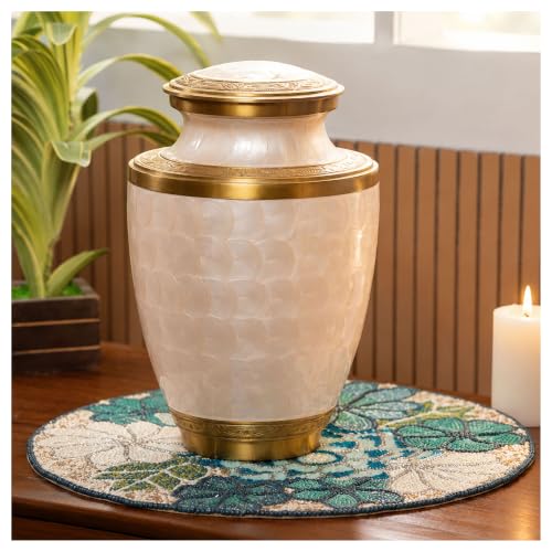 Cremation Urn for Human Ashes Adult, Pearl White & Antique Gold Metal Funeral Urn for Men & Women, 10" L x 6.5" W x 10" H, 200+ Cubic Inches, Secure Screw Lid, Decorative Memorial Urn with Velvet Bag - color: Pearl White Gold, size: Trinity 10 x 6.5