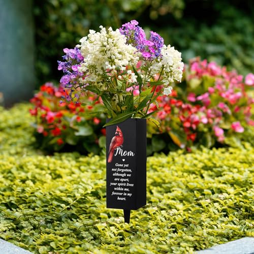Hushee Memorial Grave Flower Holder Metal Cemetery Cardinal Vase, Mom | Funeral Memorial Decor with Black Spike, for Loss of Loved Ones, Outdoor Funeral Vase for Cemetery, Cardinal Art - style: Mom