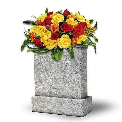 Headstone Flower Saddle,Large Artificial Cemetery Flowers for Grave-Realistic Red & Yellow Rose Mix Arrangement,Outdoor Memorial Decorations,Durable & Easy Fit
