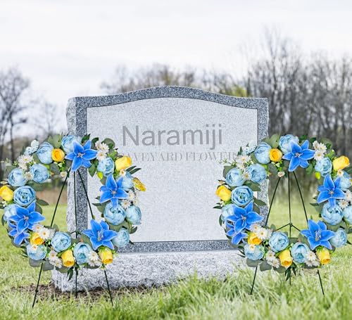 Artificial Cemetery Wreath for Grave, 24" Blue Memorial FWreath with 30" Easeal Stand, Peony Lily Rose Daisy for Gravesites Decoration