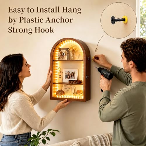 Lighted Shadow Box Frame 10x16, 4-Inch Deep with Removable Shelves | Built-In LED Light Clear Acrylic Door Warm Walnut Finish Memory Box for Medals, Wedding Bouquet, Keepsakes & Pet - color: Walnut With Light