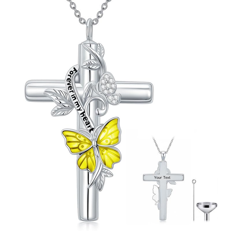 SOULMEET Enamel Butterfly Cross Urn Necklace for Ashes, Cross Moissanite Butterfly Ashes Necklaces with Forever in My Heart Engraved Keepsake Cremation Locket Jewelry for Women Men - color: G-Beige, style: Custom Engraved