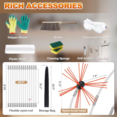 Bluesea Chimney Sweep Kit - Extends Up to 46 Feet, Includes 14 Flexible Rods and Strong Brush for Efficient Cleaning - size: 46 Feet
