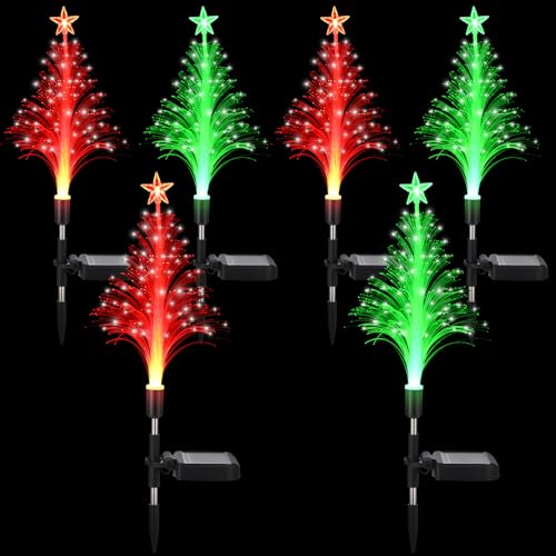 Baquler 6 Pack Solar Christmas Tree Garden Stake Lights Outdoor Waterproof Color Changing Christmas Lighted Yard Decorations Optical Fiber Xmas Pathway Lights for Lawn Patio Cemetery(Red, Green) - color: Red, Green