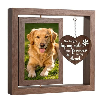 Dog Memorial Picture Frame 4x6 Rotating Wooden Photo Frame Pet Loss Sympathy Gift Bereavement Remembrance Keepsake with Paw Pendant for Dog Cat Lovers