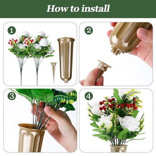 Tigeen 4 Sets Artificial Cemetery Flowers with Vase for Grave,Gold, White - color: Gold, White