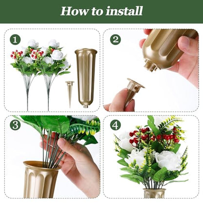 Tigeen 4 Sets Artificial Cemetery Flowers with Vase for Grave,Gold, White - color: Gold, White