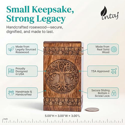 Wooden Cremation Urn for Human Ashes, 20 Cu in, Keepsake, Rosewood | Hand-carved solid sheesham rosewood, screw-locked sliding base, engraving available, holds a small share of ashes, to 20 lb - color: Rosewood, size: Keepsake - 3.50Hx2.00W (6.50 Cu/In)