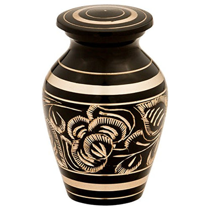 Villarose Keepsake Brass Cremation Urn, Black and Gold, Floral Pattern, 3 Inches High