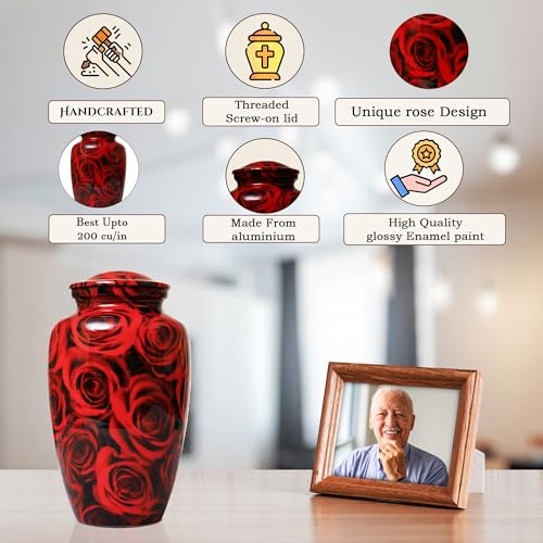 Bhartiyaa Handicraft Red Rose Cremation Urn for Human Ashes – Memorial Urn for Adult Male & Female, Holds Up to 200 lbs, for Home or Burial (Design 9) - size: Adult 200 Ibs