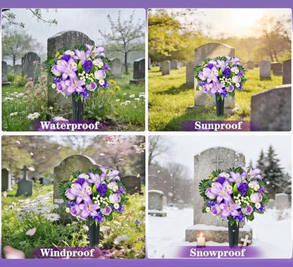 Artificial Cemetery Flowers – Vibrant Rose Carnation, Outdoor Grave Decorations - 1 Purple Gravesite Bouquet with Vase