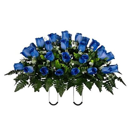 30" Headstone Flower Saddle Artificial Cemetery Flowers - Gravesite Flowers - Blue Roses - color: Blue Roses, size: (1) Saddle