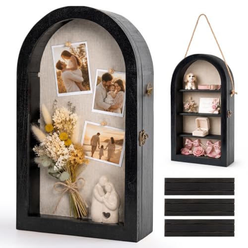 Shadow Box Frame 10x16 Large Arched Memory Display Case with Linen Back & Removable Shelves, Deep Keepsake Picture Frame for Bouquet, Photos, Medals & Memorabilia, Wooden Memory Box (Black) - color: Black