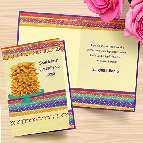 Designer Greetings Lithuanian Language Happy Birthday Cards 6 Pack | Boxed Card Set, Matching Envelopes - style: 6 PK Lithuanian Birthday - Šakotis