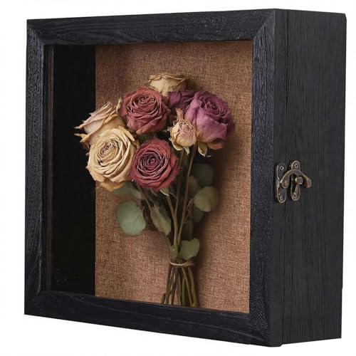 15x15 Extra Deep Large Shadow Box, 4-Inch Exterior Depth, Solid Wood, Black | Solid wood, hinged door, metal latch, extra-deep display for photos, bouquets, pet keepsakes, baby items and wedding mementos - size: 15x15