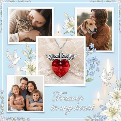 SOULMEET Memorial Wings Necklace for Ashes with Large Heart Crystal Birthstone, Angel Wings Urn Necklaces with Heart Shaped Birthstone Keepsake Silver Cremation Jewelry - style: A-January