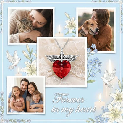 SOULMEET Memorial Wings Necklace for Ashes with Large Heart Crystal Birthstone, Angel Wings Urn Necklaces with Heart Shaped Birthstone Keepsake Silver Cremation Jewelry - style: A-January
