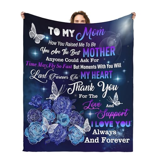 to My Mom Blanket from Daughter Son, Blue Rose Butterfly Design, Heartfelt Thank You Message Throw, Best Mother's Day Birthday Gift for Mom 50x60 Inch - color: Mom-2