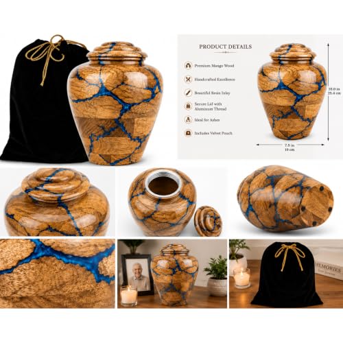 Wooden Cremation Urn for Human Ashes Adult Male Urn for Ashes for Women and Man, Adult Size Decorative urn. Burial and Funeral Urn Large 200 Cu in Resin Inlay. - size: Large 200 Cu In Blue Fractal