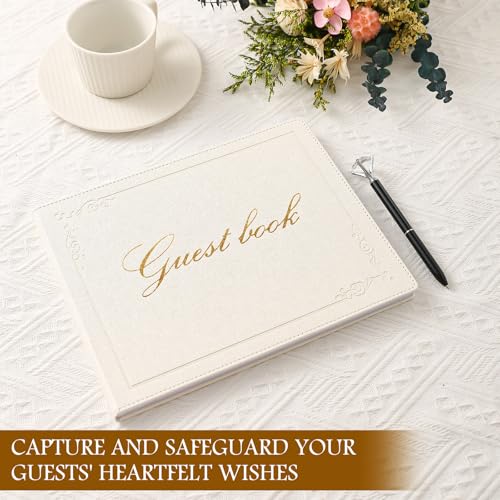 8x10 Inch Wedding Guest Book - 120 Blank & Lined Pages, Gold Foil PU Leather Hardbound Cover, Durable Sewn Binding, White - color: White