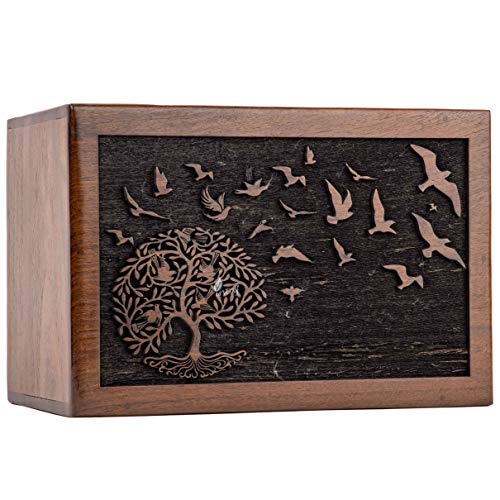 Rosewood Urn for Human Ashes, Tree of Life with Birds, X-Large 380 lb | Hand-carved solid sheesham rosewood, screw-locked sliding base, engraving available, holds up to 380 lb - color: Tree of Life With Birds, size: X-Large (380 lb)