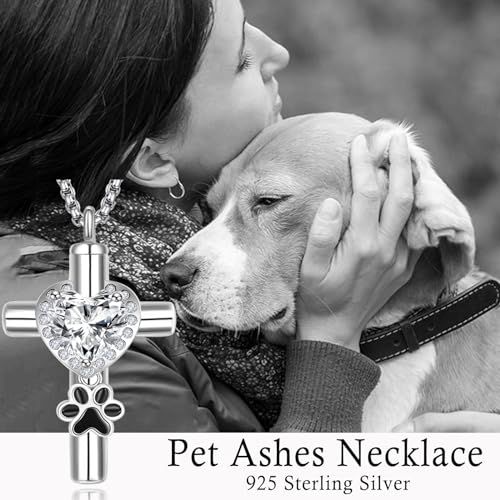 Dreamboat Pet Cremation Urn Necklaces for Dog Cat Ashes 925 Sterling Silver Paw Print Keepsake Pendant Memorial Jewelry Gifts for Women Men - style: 01G-Silver Cross Vial