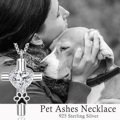 Dreamboat Pet Cremation Urn Necklaces for Dog Cat Ashes 925 Sterling Silver Paw Print Keepsake Pendant Memorial Jewelry Gifts for Women Men - style: 01G-Silver Cross Vial