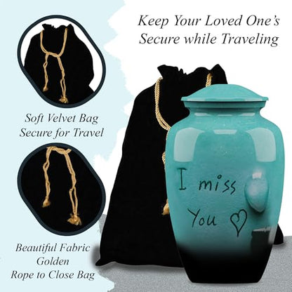 Forever URNS Adult Cremation Funeral Urn with Printed I Miss You Theme for Human Ashes of Female & Male | 200 cu in | Large | Sea Green | Completely Handcrafted with Velvet Protection Bag