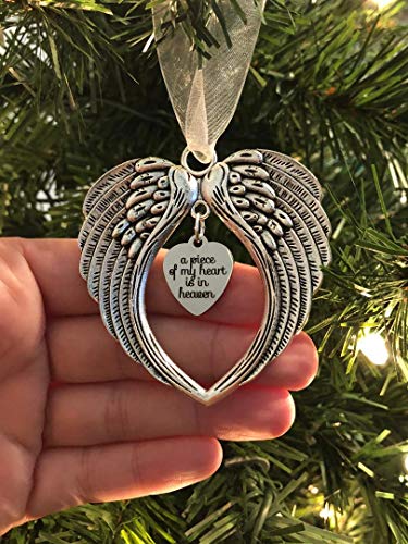 Christmas Memorial Ornament – A Piece of My Heart is in Heaven – Angel Wings Ornament – Remembrance for Loss of Loved One