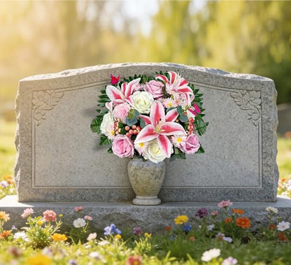 Artificial Cemetery Flowers,Memorial Flowers,Beautiful Arrangements for Headstones,Silk Lily Rose Berries Daisy