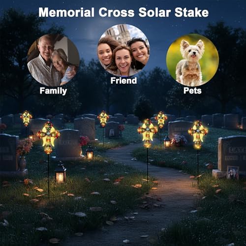 Solar Cross Lights with Angel Wings, Pink and Gold Floral Design, Memorial Garden Stake, Warm White LED, Weather Resistant, 36 Inch - color: Pink and Gold Floral
